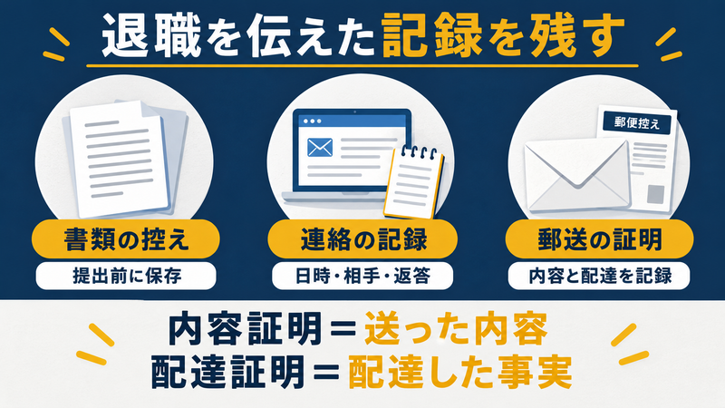 退職の通知では、書類の控え、会社との連絡記録、郵送した内容と配達の記録を残す