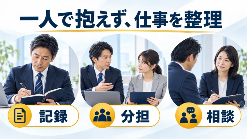 会社員が記録を整理し、分担を確認して第三者に相談