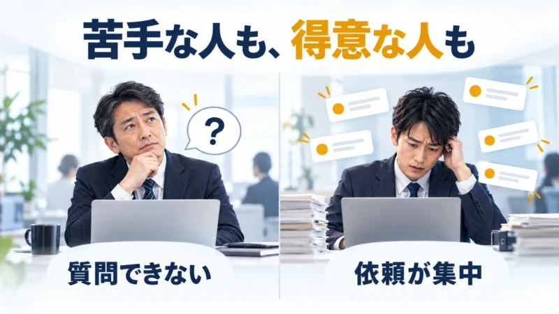 IT操作に困る会社員と、対応依頼が集中する会社員を対比