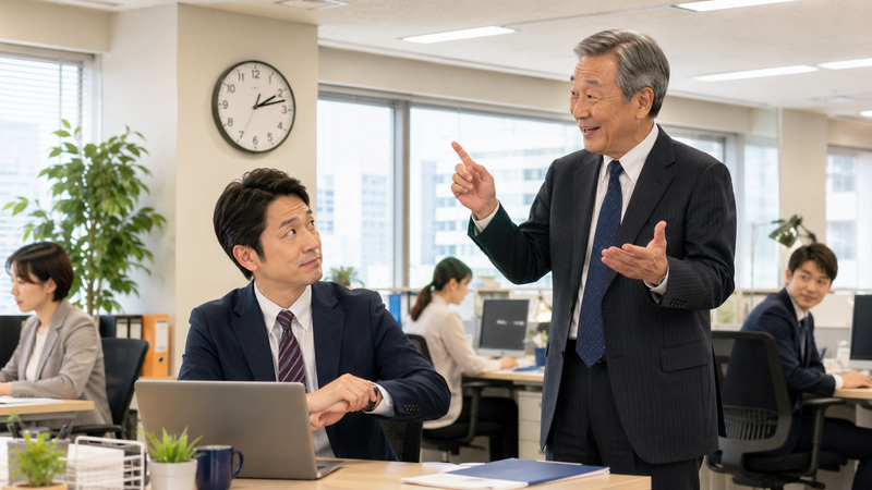 職場で上司の長い武勇伝を聞かされて困る会社員