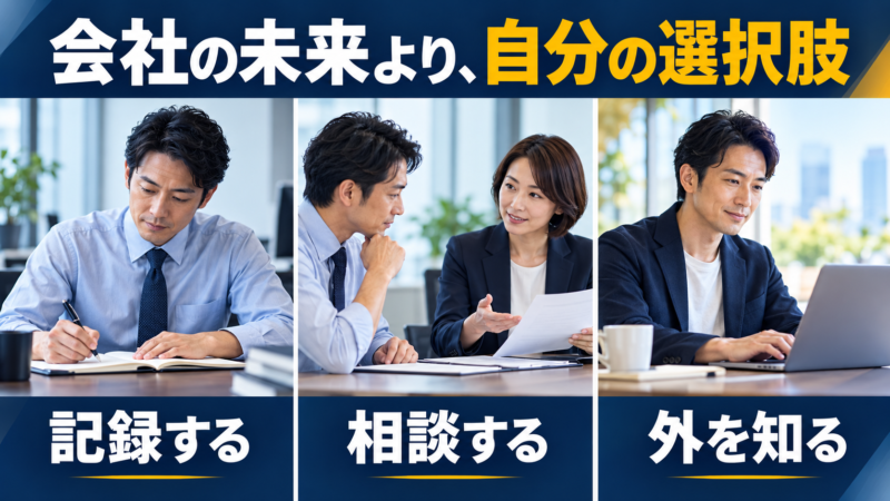 業務を記録し、相談し、求人を調べる会社員の3つの場面
