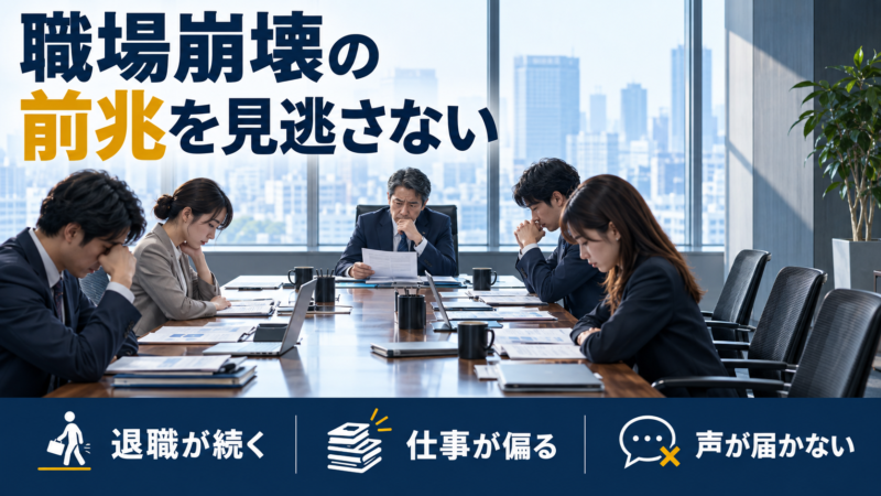 沈黙する会議の様子と、退職・業務の偏り・意見が届かない職場の前兆