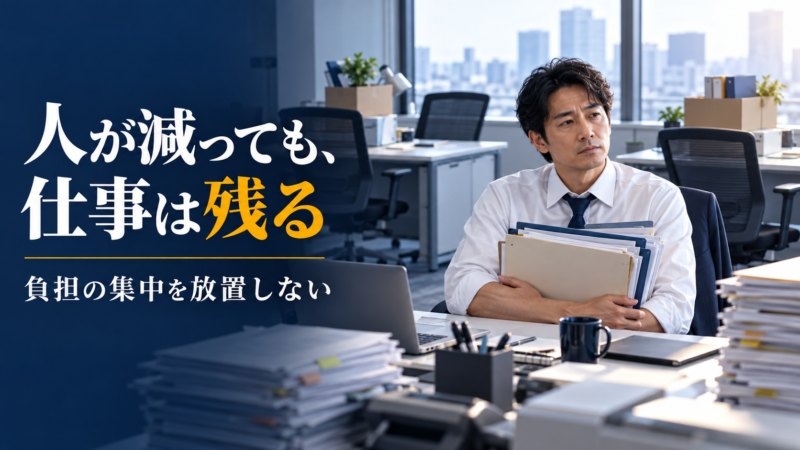 空いた席のそばで多くの書類を抱える会社員と、負担の集中を放置しないという見出し