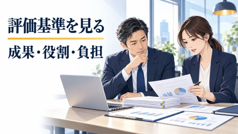 日本人の会社員が業務資料を見ながら、成果・役割・負担を確認して職場の評価を整理