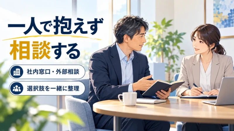 日本人の40代会社員が落ち着いた相談室で担当者と話し、記録をもとに選択肢を整理するイラスト