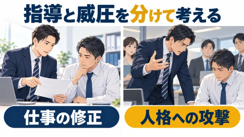 日本人の会社員への業務の説明と、威圧的な叱責を対比し、言動と仕事への影響に注目するイラスト