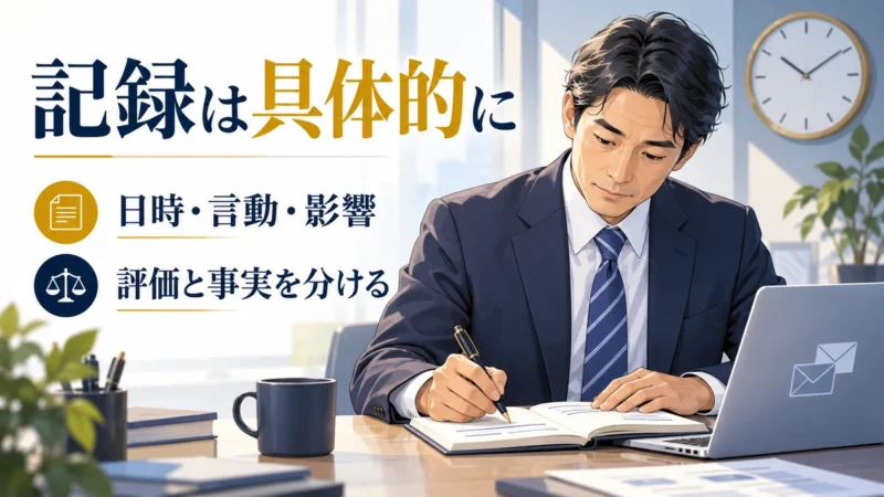 手帳と時計、メール画面を使い、日時・言動・影響を整理して記録する日本人会社員のイラスト