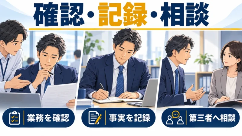 業務を確認し、言動を記録して第三者へ相談する会社員のイラスト