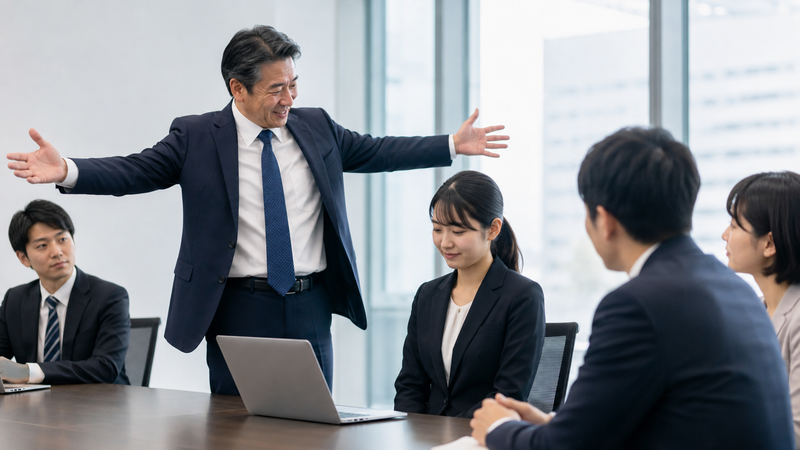 会議で上司から人前で大げさに褒められて戸惑うZ世代の部下